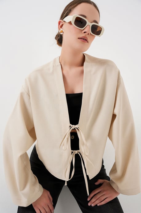 Viskose-Mischung V-Ausschnitt Langarm-Kimono mit Bindungsdetails - Image 1