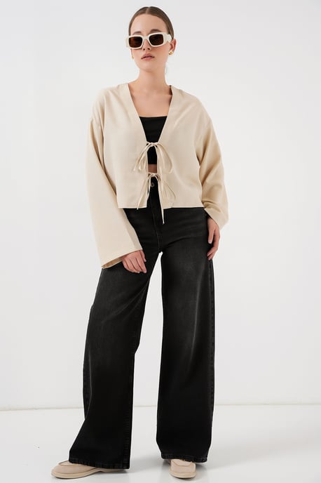 Viskose-Mischung V-Ausschnitt Langarm-Kimono mit Bindungsdetails - Image 2