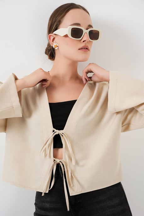 Viskose-Mischung V-Ausschnitt Langarm-Kimono mit Bindungsdetails - Image 3