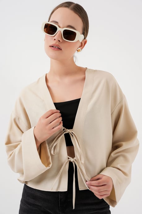 Viskose-Mischung V-Ausschnitt Langarm-Kimono mit Bindungsdetails - Image 4