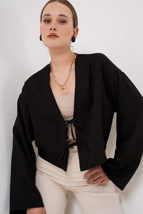 Viskose-Mix V-Ausschnitt Langarm-Kimono mit Bindungsdetails - Image 1