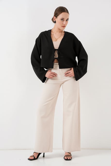 Viskose-Mix V-Ausschnitt Langarm-Kimono mit Bindungsdetails - Image 2