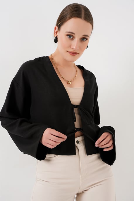 Viskose-Mix V-Ausschnitt Langarm-Kimono mit Bindungsdetails - Image 3