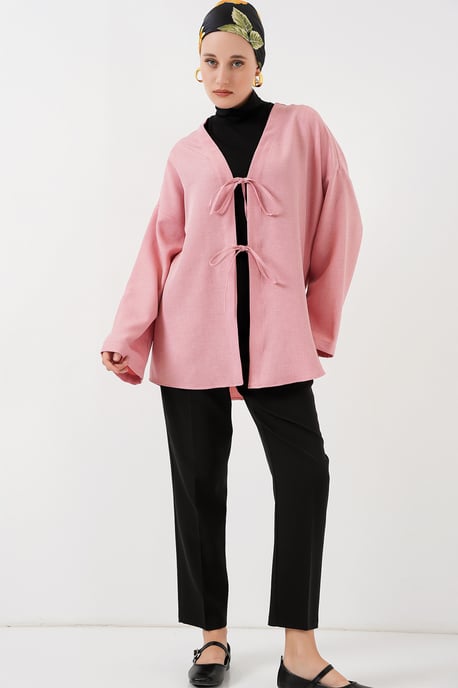 Leinen-Mischung Langarm-Kimono mit Bindungsdetails - Image 2