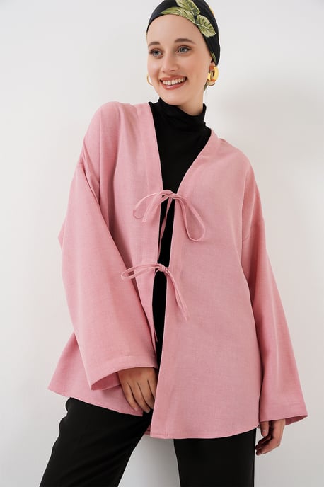 Leinen-Mischung Langarm-Kimono mit Bindungsdetails - Image 3