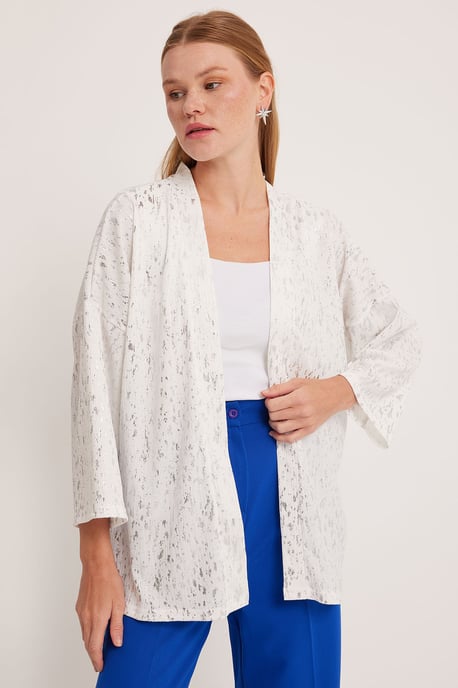 Bedruckter Pompombesatz Schal-Kragen Kimono - Image 1