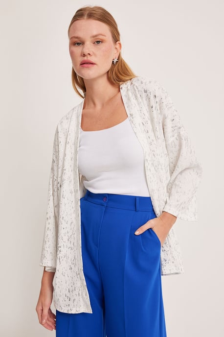 Bedruckter Pompombesatz Schal-Kragen Kimono - Image 4
