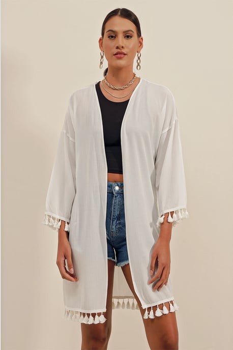 Midi Strand-Kimono mit Pompom-Detail - Image 1