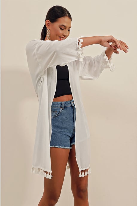 Midi Strand-Kimono mit Pompom-Detail - Image 2