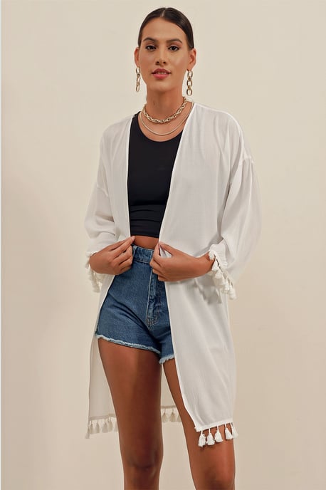 Midi Strand-Kimono mit Pompom-Detail - Image 4