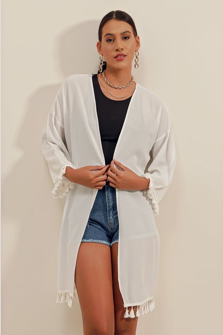 Midi Strand-Kimono mit Pompom-Detail - Image 5