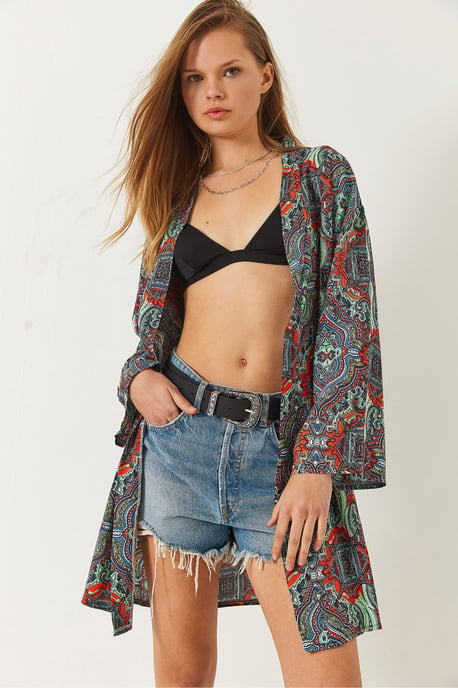Musterter langer Kimono mit Schalkragen - Image 1