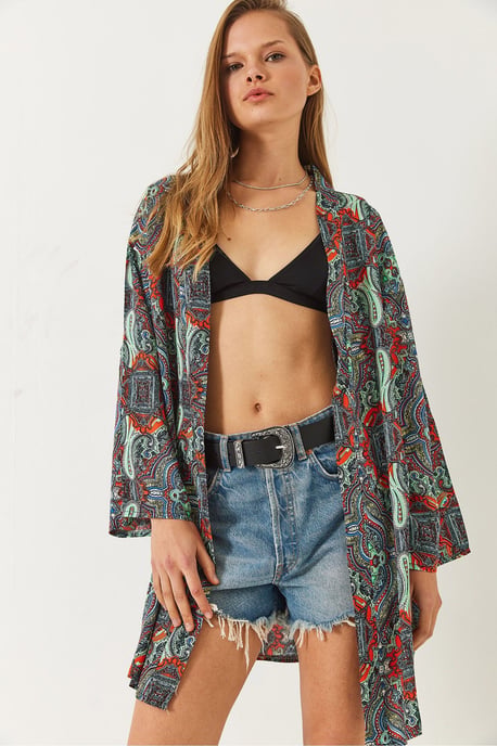 Musterter langer Kimono mit Schalkragen - Image 2