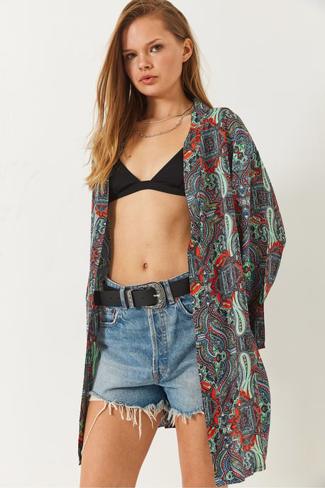 Musterter langer Kimono mit Schalkragen - Image 3