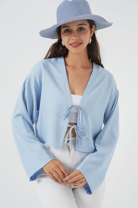 Viskose-Mix V-Ausschnitt Langarm-Kimono mit Bindungsdetails - Image 1