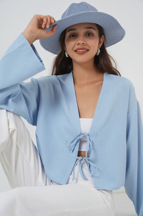 Viskose-Mix V-Ausschnitt Langarm-Kimono mit Bindungsdetails - Image 3