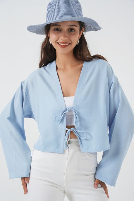 Viskose-Mix V-Ausschnitt Langarm-Kimono mit Bindungsdetails - Image 4