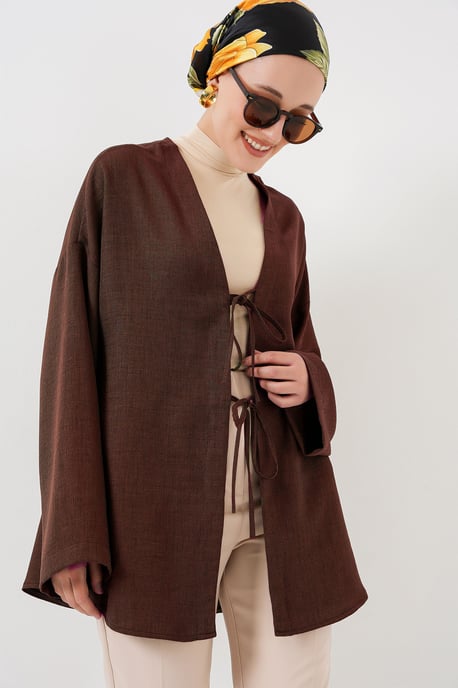 Leinenmischung Langarm-Kimono mit Bindedetail - Image 1