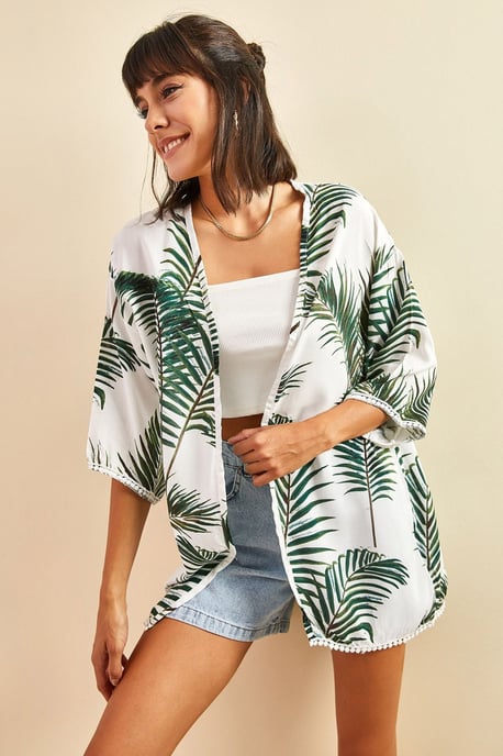 Tropisches Muster Langer Satin-Kimono - Image 3