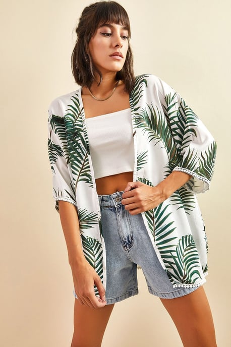 Tropisches Muster Langer Satin-Kimono - Image 4