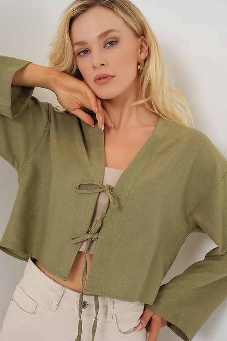 Viskose-Mix V-Ausschnitt Langarm-Kimono mit Bindungsdetails - Image 1