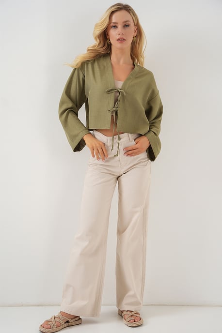 Viskose-Mix V-Ausschnitt Langarm-Kimono mit Bindungsdetails - Image 2