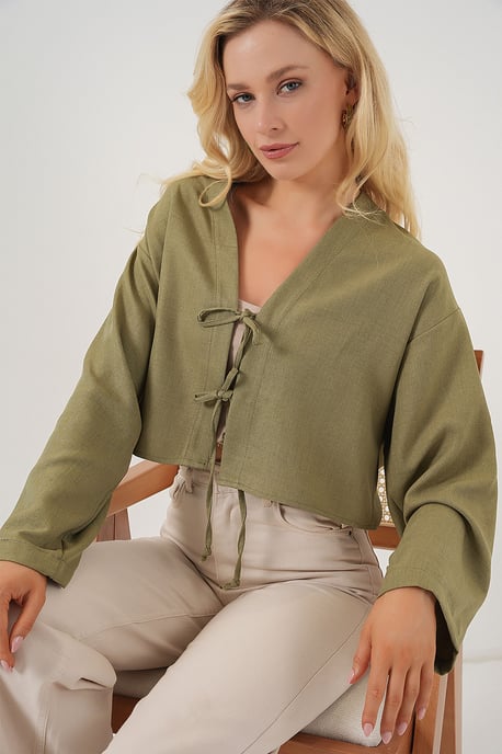 Viskose-Mix V-Ausschnitt Langarm-Kimono mit Bindungsdetails - Image 3