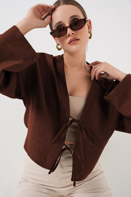 Viskose-Mix V-Ausschnitt Langarm-Kimono mit Bindungsdetails - Image 1