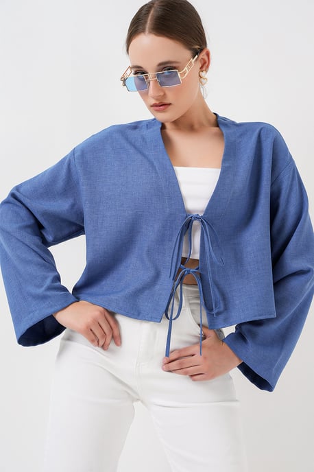 Viskose-Mischung V-Ausschnitt Langarm-Kimono mit Bindungsdetails - Image 1