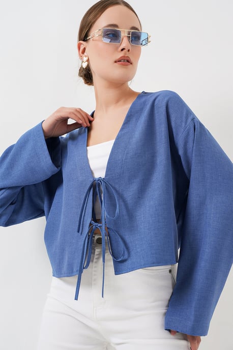 Viskose-Mischung V-Ausschnitt Langarm-Kimono mit Bindungsdetails - Image 2
