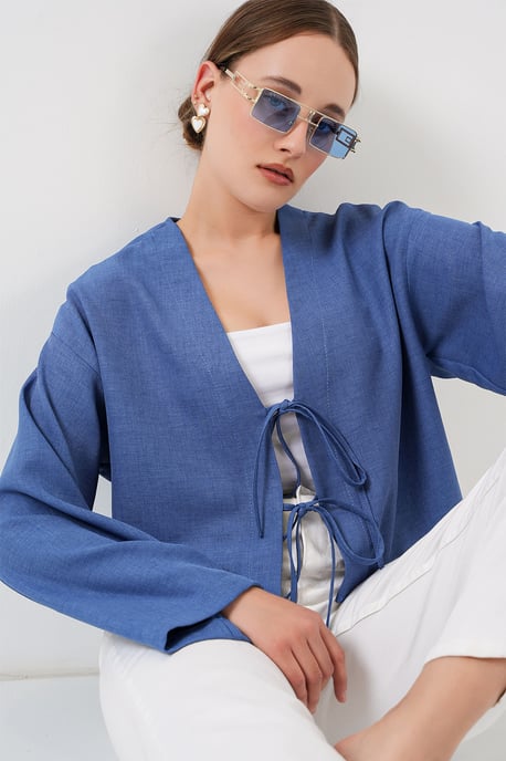 Viskose-Mischung V-Ausschnitt Langarm-Kimono mit Bindungsdetails - Image 3