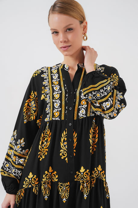 Bedrucktes V-Ausschnitt Maxikleid mit Knopfverschluss - Image 3