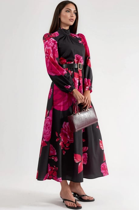 Blumiges Maxikleid mit Gürtel und halbem Rollkragen - Image 2