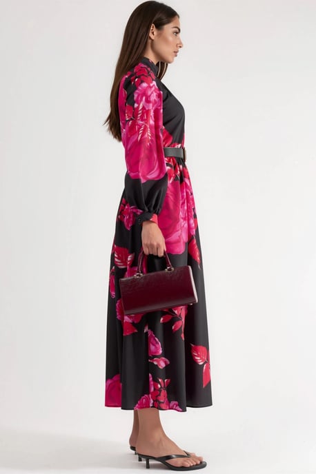 Blumiges Maxikleid mit Gürtel und halbem Rollkragen - Image 3
