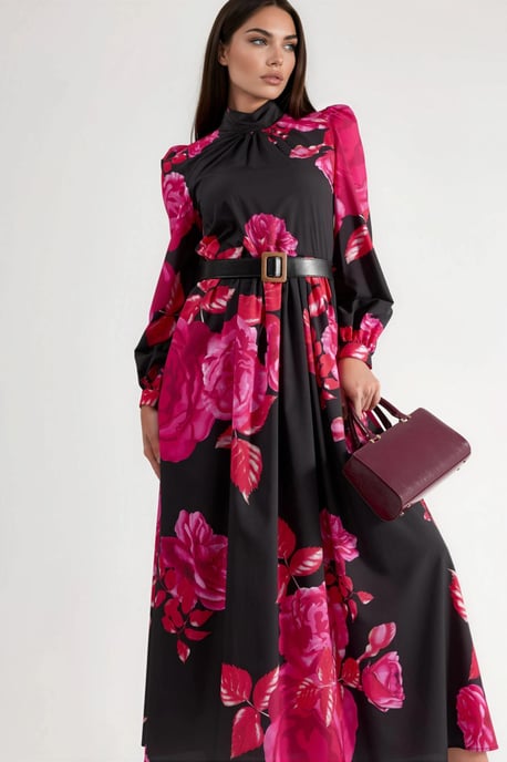 Blumiges Maxikleid mit Gürtel und halbem Rollkragen - Image 5