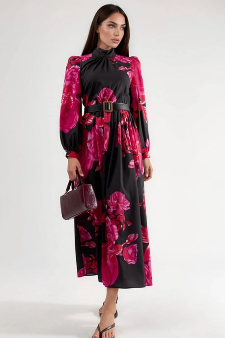 Blumiges Maxikleid mit Gürtel und halbem Rollkragen - Image 6