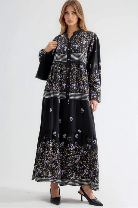 Gemustertes V-Ausschnitt-Maxikleid mit Knopfverschluss - Image 1