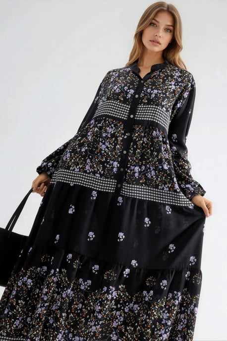 Gemustertes V-Ausschnitt-Maxikleid mit Knopfverschluss - Image 4