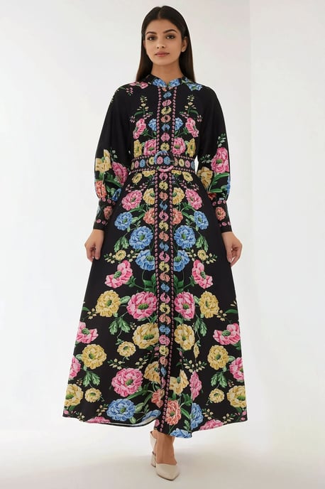 Bedrucktes Maxikleid mit langen Ärmeln und Gürtel - Image 6