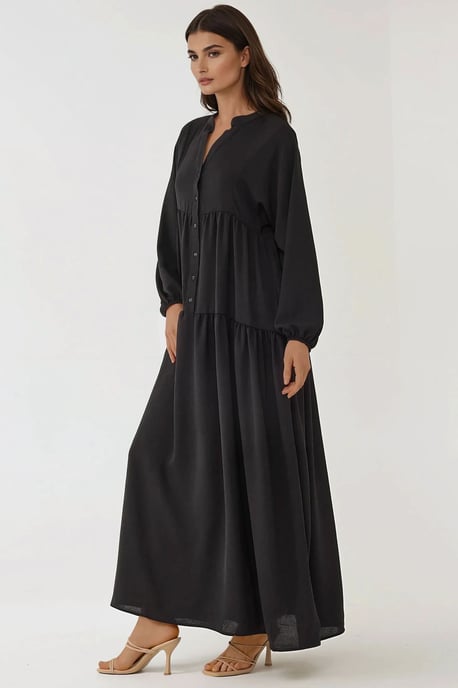 Strukturiertes V-Ausschnitt Maxikleid mit Knopfdetails - Image 1