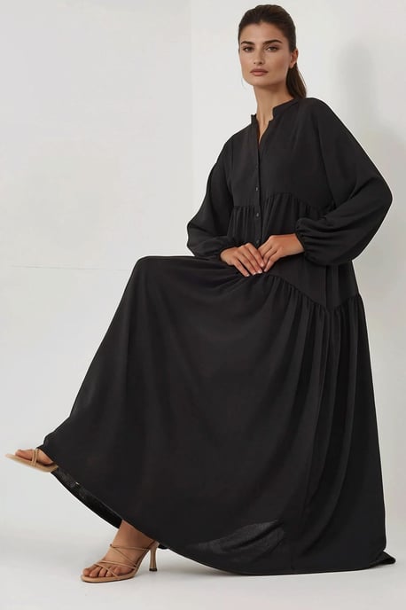 Strukturiertes V-Ausschnitt Maxikleid mit Knopfdetails - Image 2
