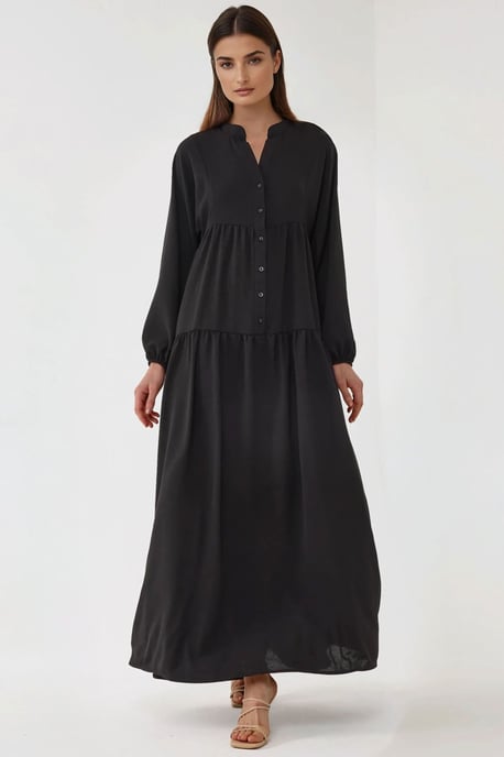Strukturiertes V-Ausschnitt Maxikleid mit Knopfdetails - Image 3