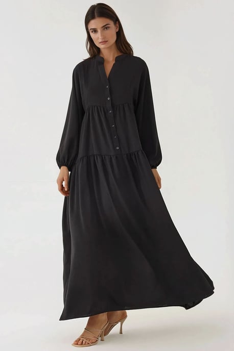 Strukturiertes V-Ausschnitt Maxikleid mit Knopfdetails - Image 4