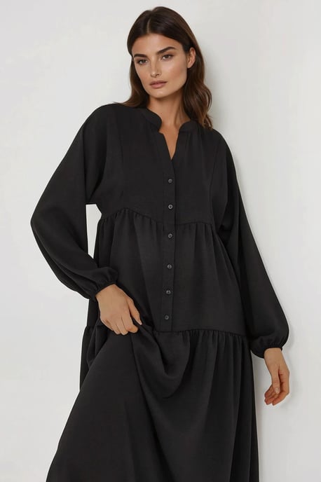 Strukturiertes V-Ausschnitt Maxikleid mit Knopfdetails - Image 5