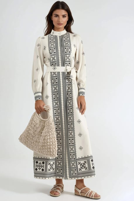 Mandarinkragen Geometrisch Paneeliertes Maxikleid - Image 5