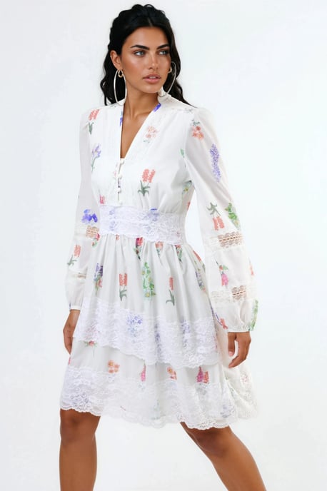 MSN Collection Blumen-Spitzen-Minikleid mit V-Ausschnitt - Weiß - Image 2
