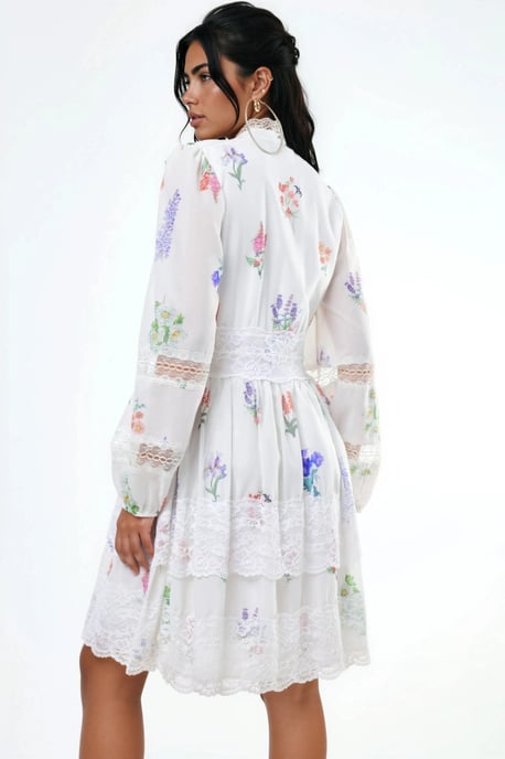 MSN Collection Blumen-Spitzen-Minikleid mit V-Ausschnitt - Weiß - Image 3