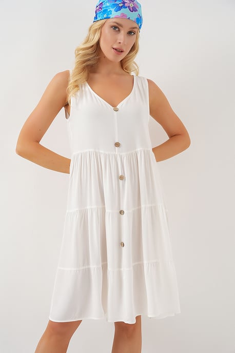 Ärmelloses Mini-Kleid mit V-Ausschnitt und Knopfdetails - Image 1