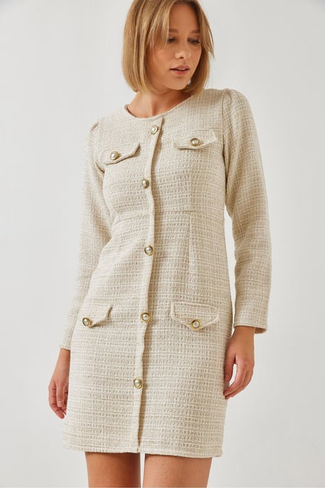 Knopf-Front-Tweed-Minikleid mit Rundhalsausschnitt - Image 1