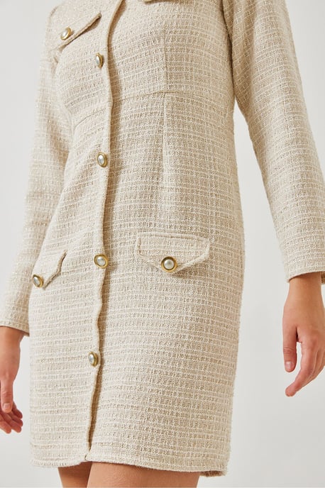 Knopf-Front-Tweed-Minikleid mit Rundhalsausschnitt - Image 2